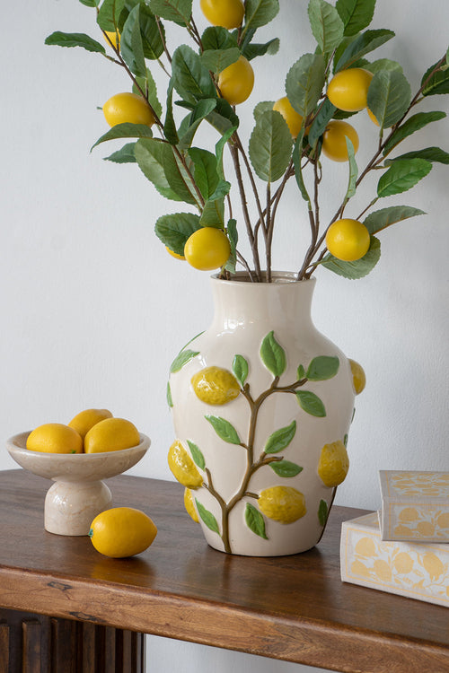 9x9x12.5' White Ceramic Vase with Vibrant Yellow Lemon Accents