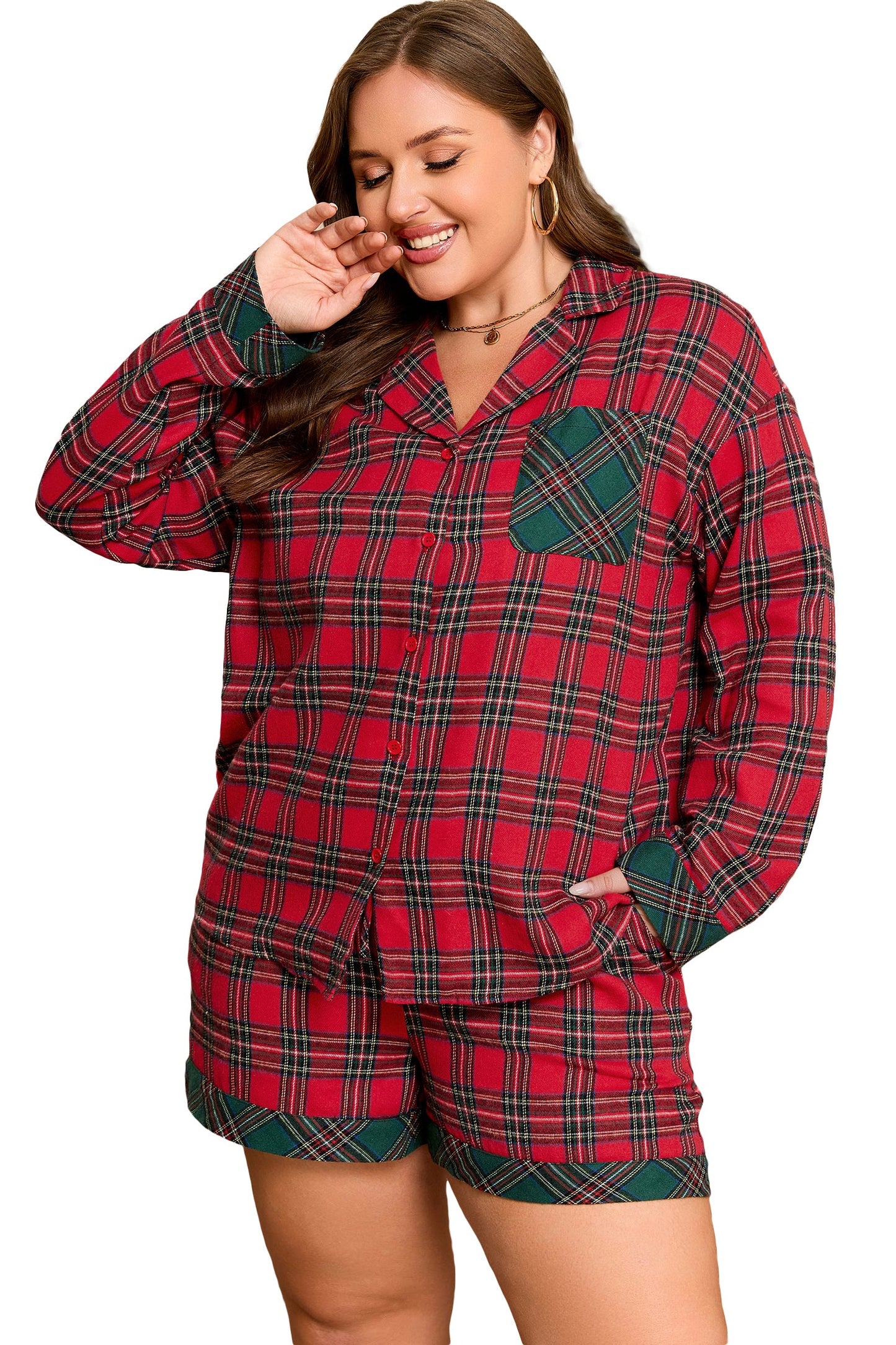 ELITE CASA Plus Size Christmas Plaid Pajama Set