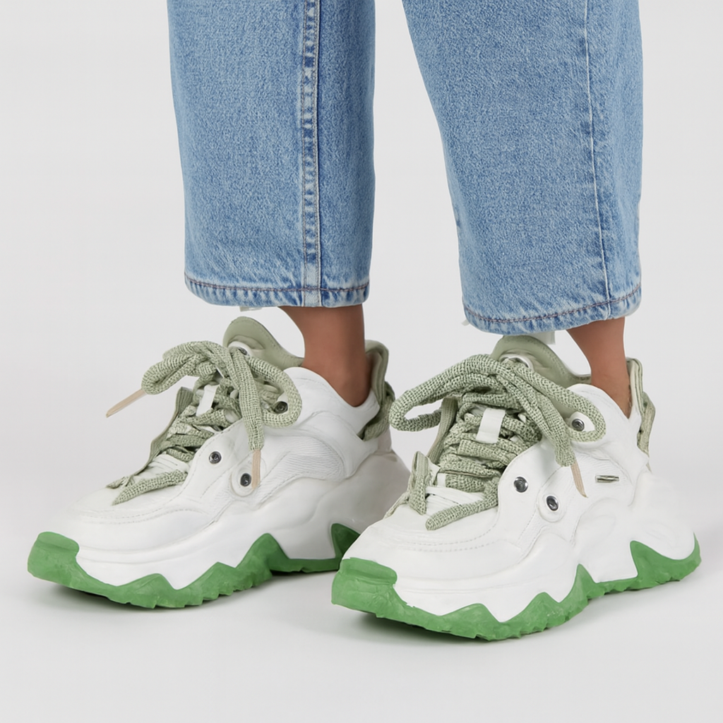 UK -6-Chunky White-Green Sneakers for Women – Zigzag Sole, Rope Laces,